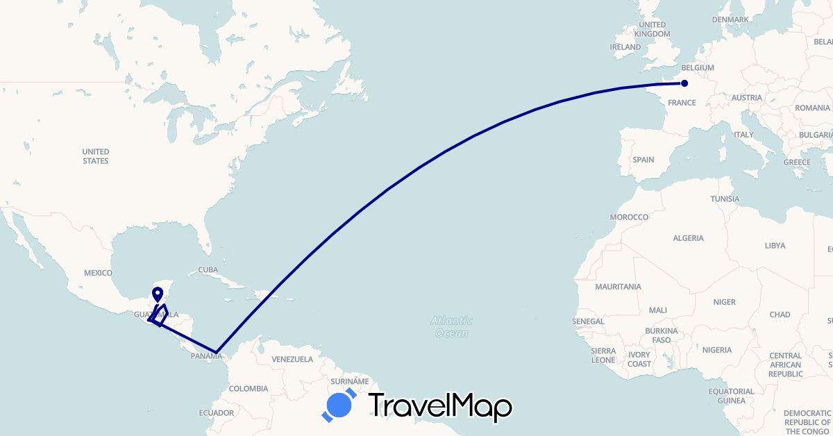 TravelMap itinerary: driving in Belize, France, Guatemala, Honduras, Panama, El Salvador (Europe, North America)